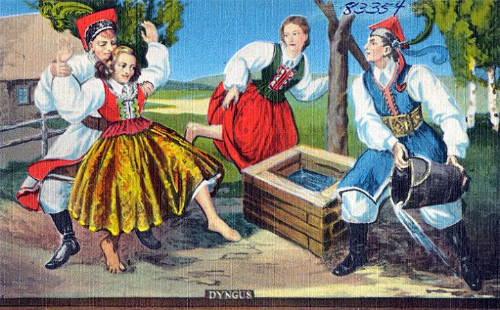 Поливальный понедельник в Польше называется "Дынгус": парни обливают девушек водой. Польская открытка