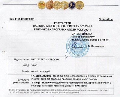 Херсонський Водоканал потрапив до рейтингової програми «Лідер року 2021»