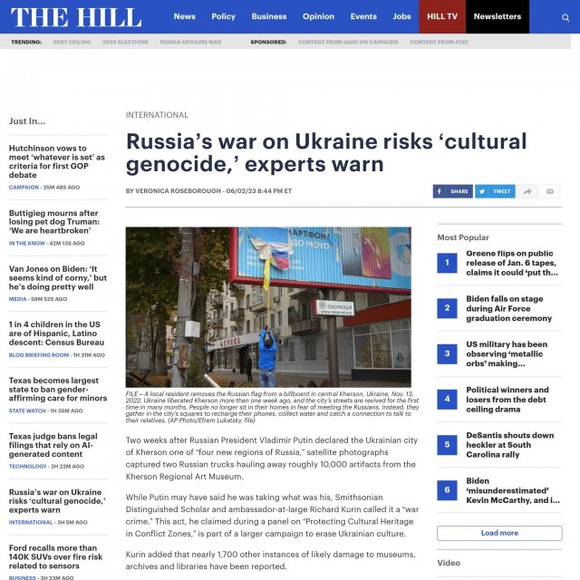 Американська газета The Hill розповіла про культурний геноцид Росії проти України. Зокрема про факт пограбування Херсонського художнього музею.
