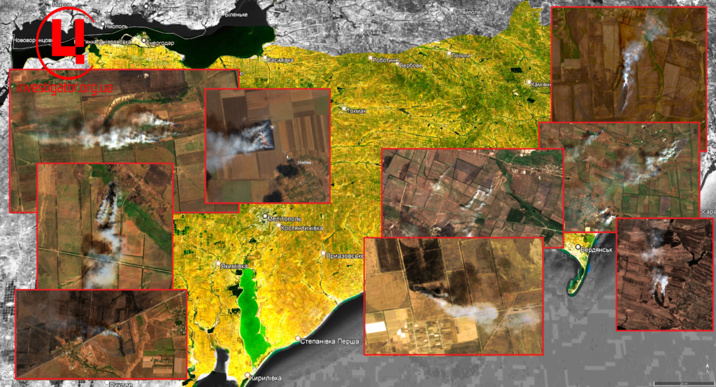 Степові пожежі в прифронтових районах Запорізької області. Липень 2024 р. Фото: Google Earth, супутник Sentinel-2. Колаж: investigator.org.ua