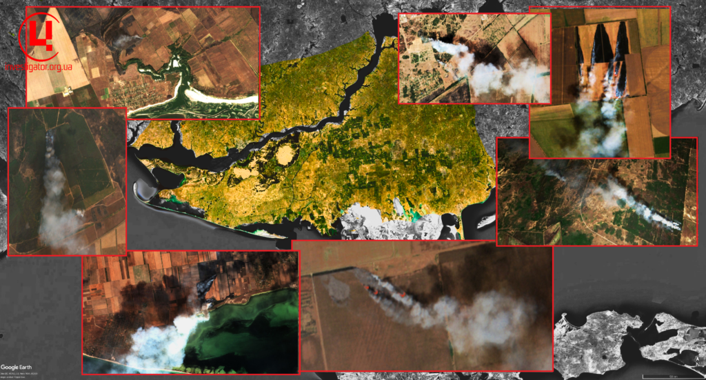 Займання хвойних лісів та в степових територій в Херсонській області. Липень 2024 р. Фото: Google Earth, супутник Sentinel-2. Колаж: investigator.org.ua