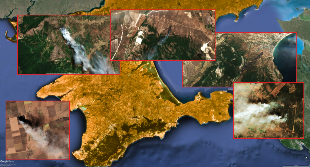 Займання лісу та степових територій на Кримському півострові в червні-липні 2024 р. Фото: Google Earth, супутник Sentinel-2. Колаж: investigator.org.ua
