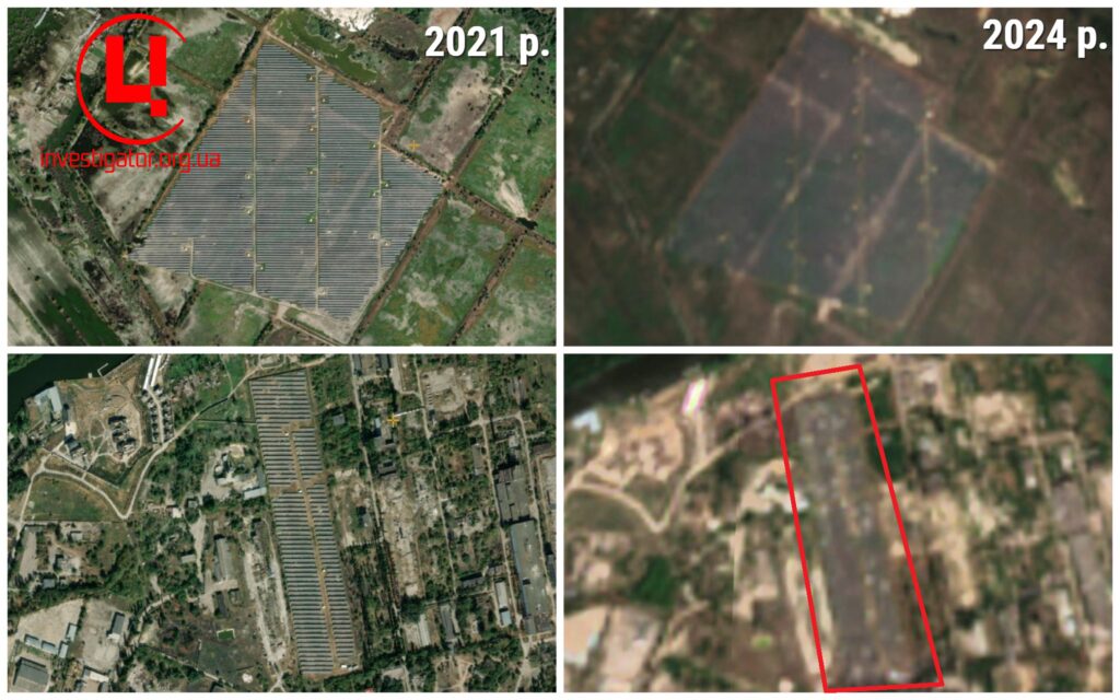 СЕС у м. Олешки на ТОТ  Херсонської обл. Фото: супутники Maxar, Sentinel-2. Колаж: investigator.org.ua