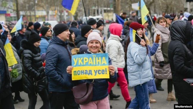 Акція протесту проти вторгнення Росії до України в захопленому російськими військовими місті Мелітополі, 7 березня 2022 року